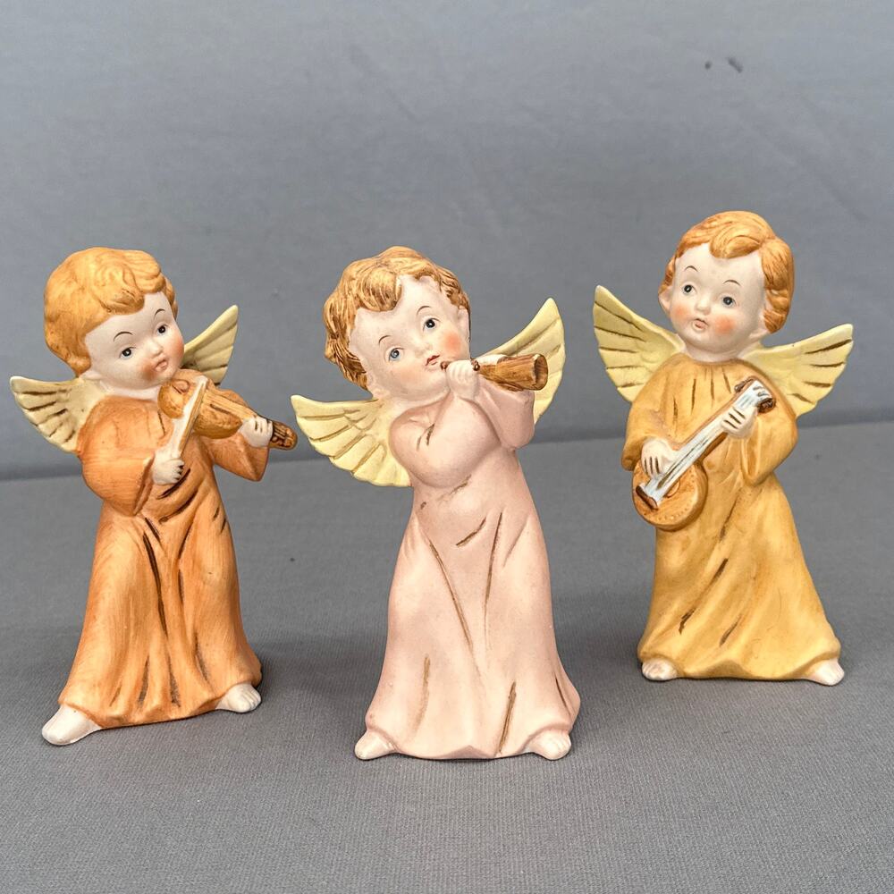 VTG Homco Angel Figurines Set of 3 Porcelain Musicians Violin Horn Banjo 5"